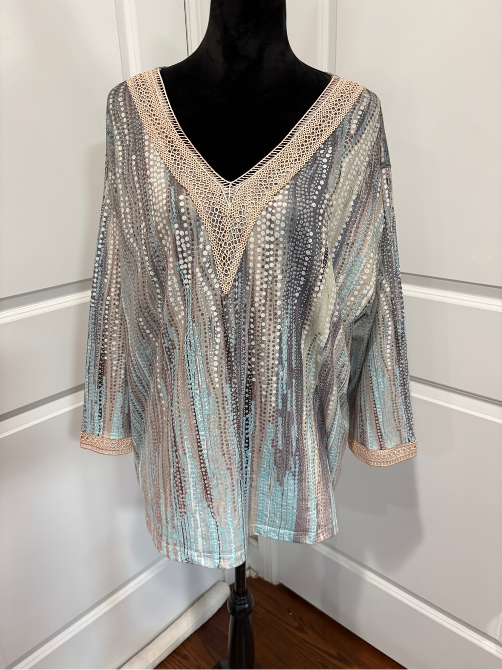 Amazon V-Neck Sequin Top in Beige and Aqua